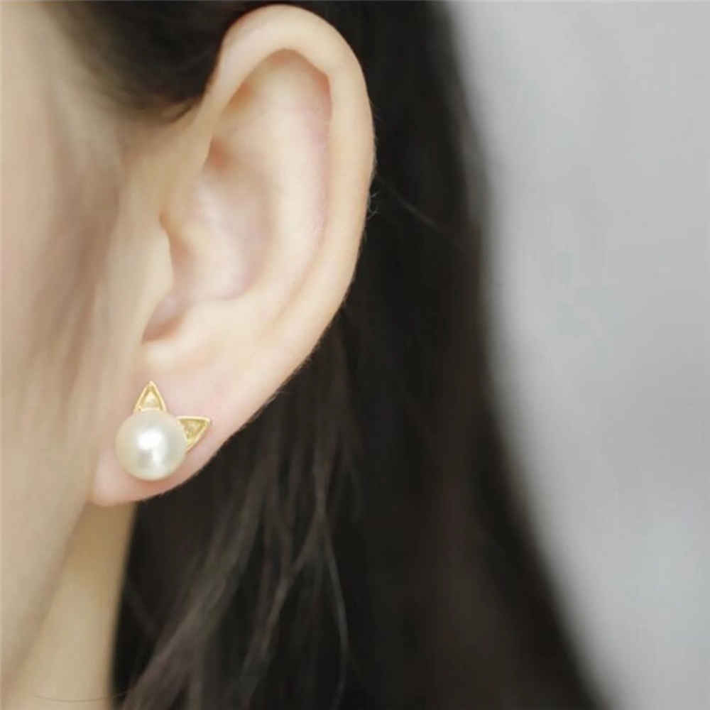 Gold cat pearl earrings NEW - Picture 2 of 3